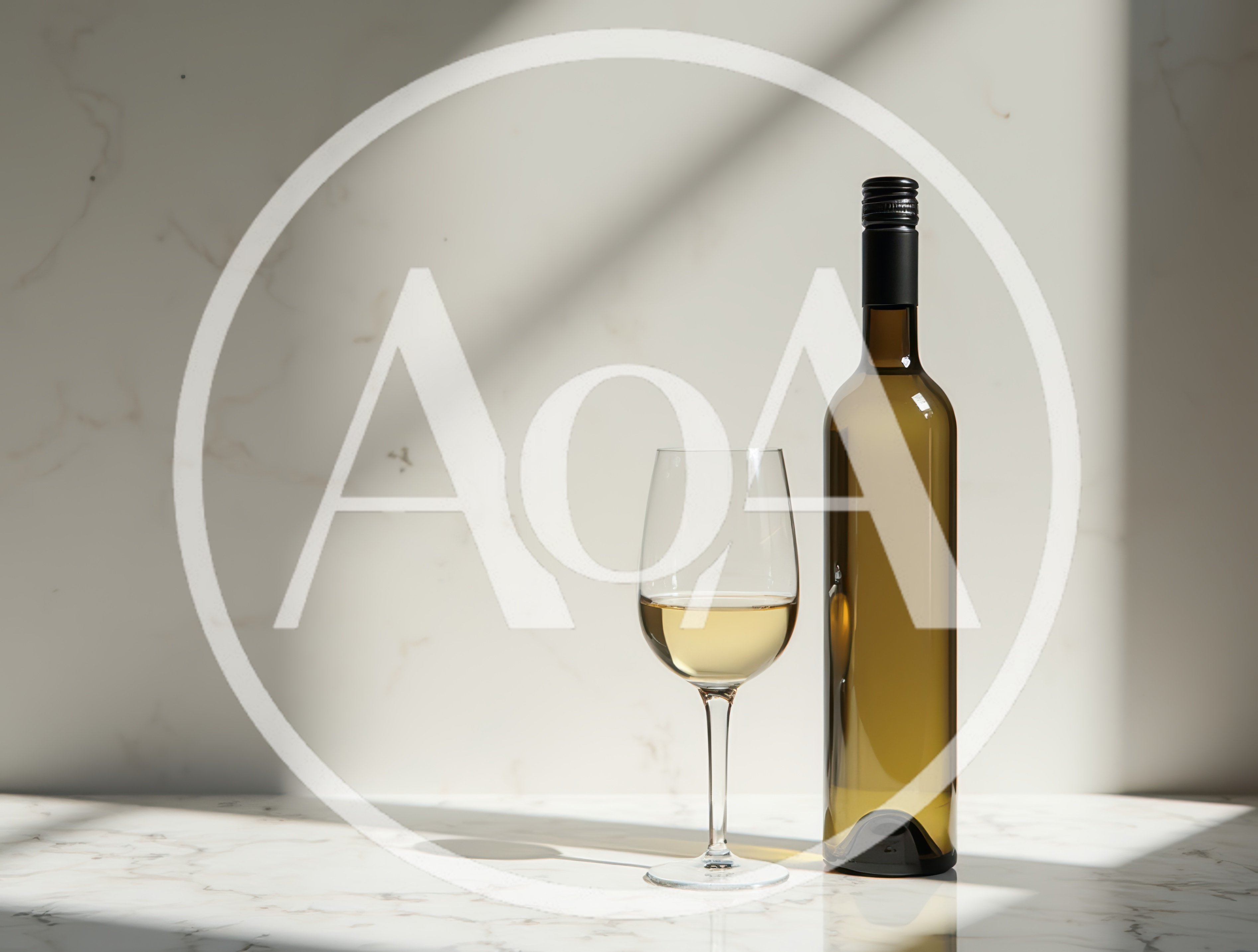 White Wine Bottle And Glass On Marble Surface