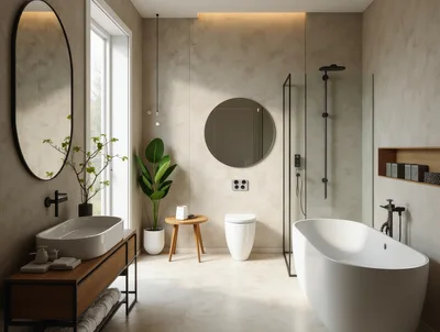 Modern Minimalist Bathroom Interior With Bathtub And Vanity