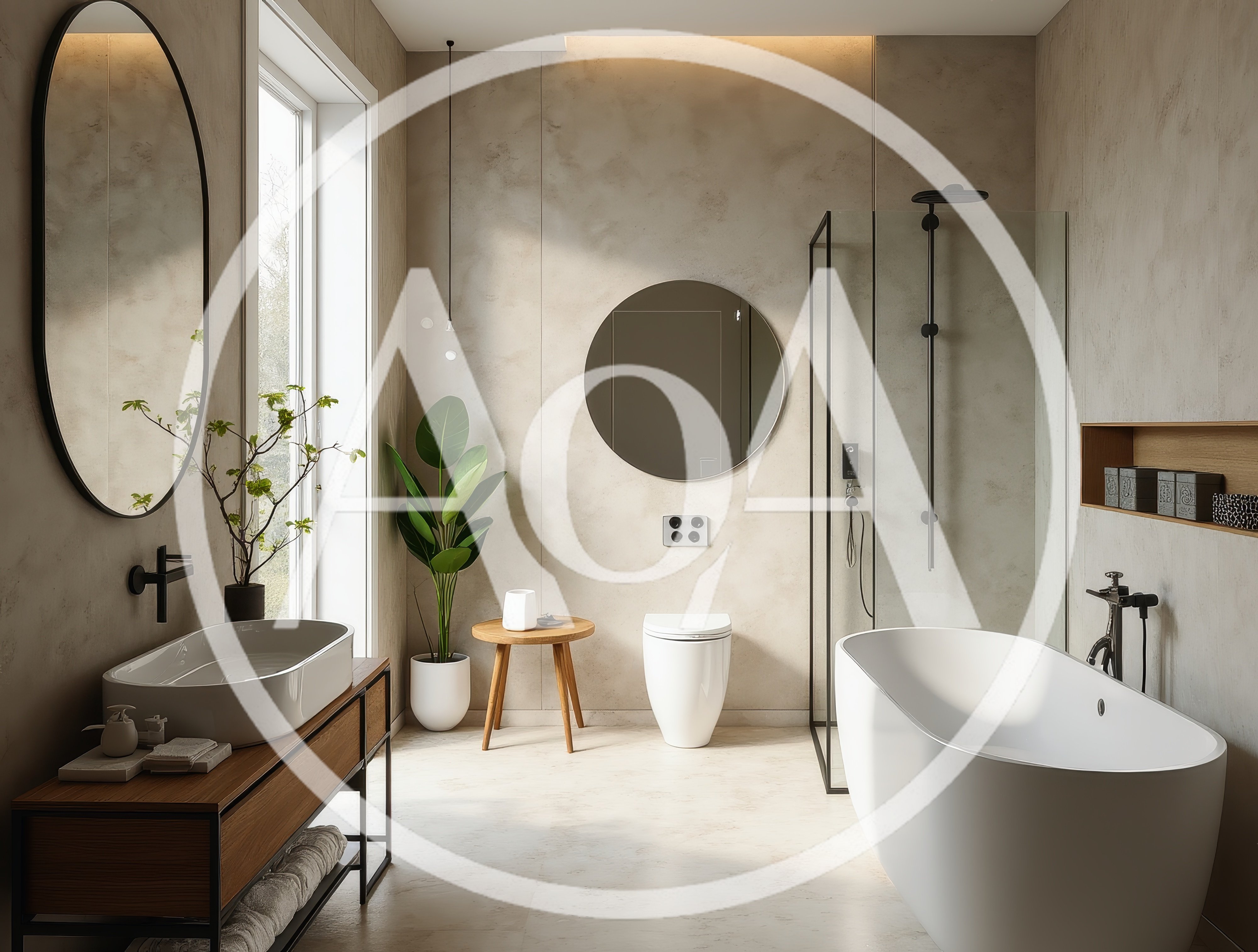 Modern Minimalist Bathroom Interior With Bathtub And Vanity