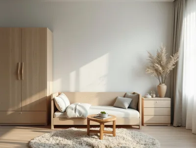 Minimalist Bedroom Interior With Wooden Furniture And Decor
