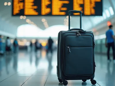 Black Suitcase Standing in a Busy Airport Terminal