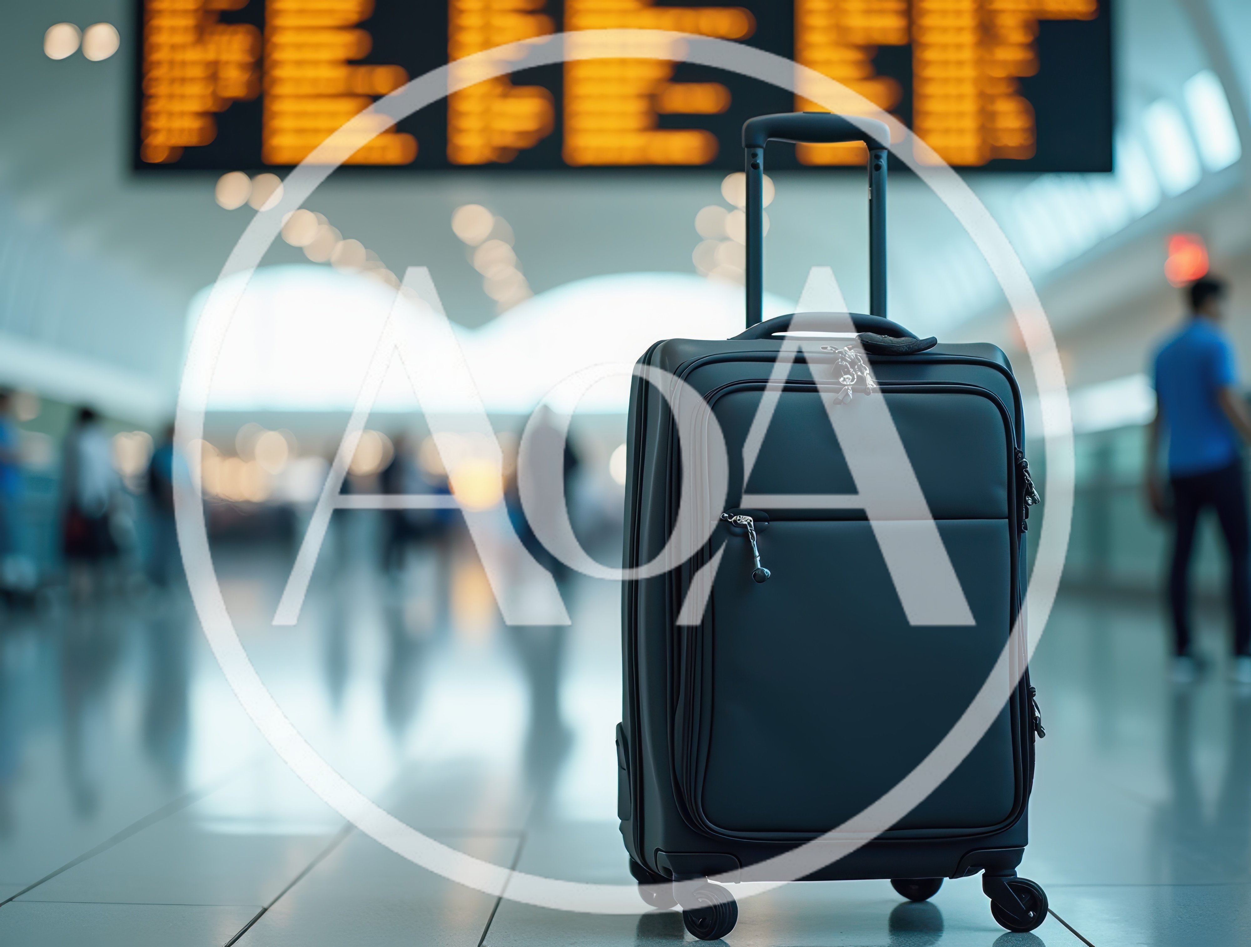Black Suitcase Standing in a Busy Airport Terminal