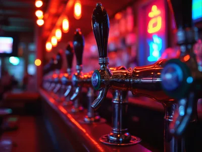 Row Of Chrome Beer Taps In A Dimly Lit Bar