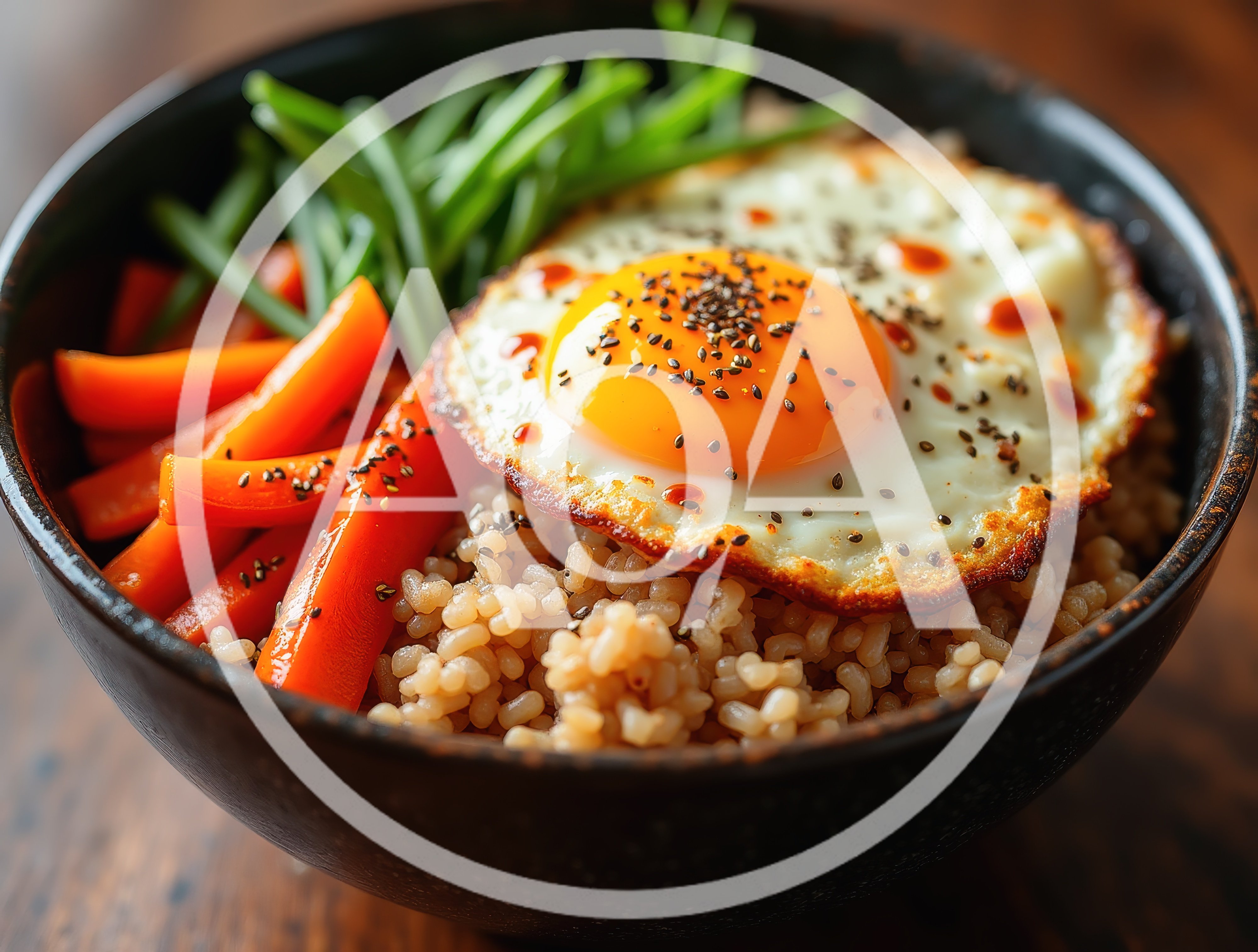 Bowl Of Brown Rice With Fried Egg And Vegetables