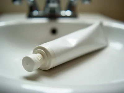 Blank White Toothpaste Tube In Bathroom Sink
