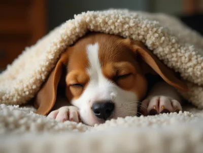Sleeping Beagle Puppy Under A Soft Blanket