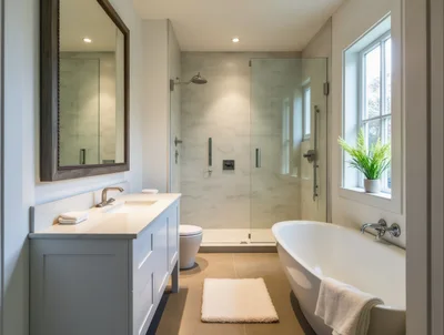 Modern Bathroom Interior With Freestanding Bathtub And Shower