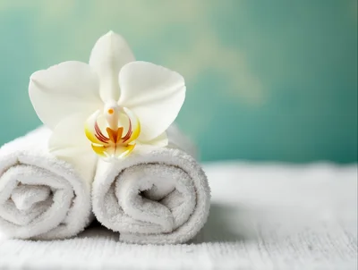 White Orchid Flower Resting On Rolled Spa Towels