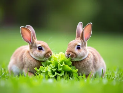 Two Cute Rabbits Eating Fresh Lettuce In A Meadow