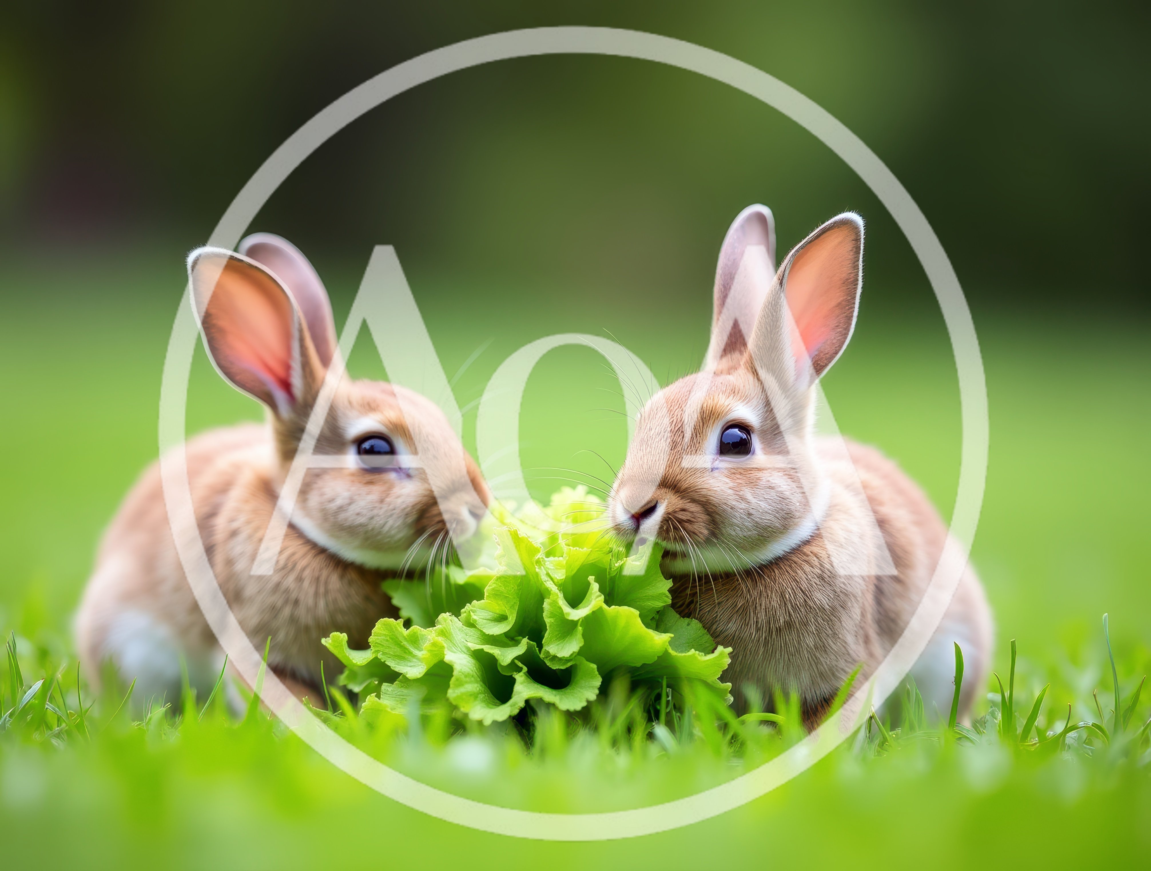 Two Cute Rabbits Eating Fresh Lettuce In A Meadow