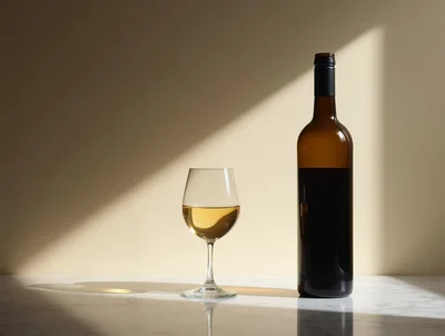 Wine Bottle And Glass On Marble Surface
