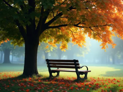 Empty Park Bench Under Autumn Tree