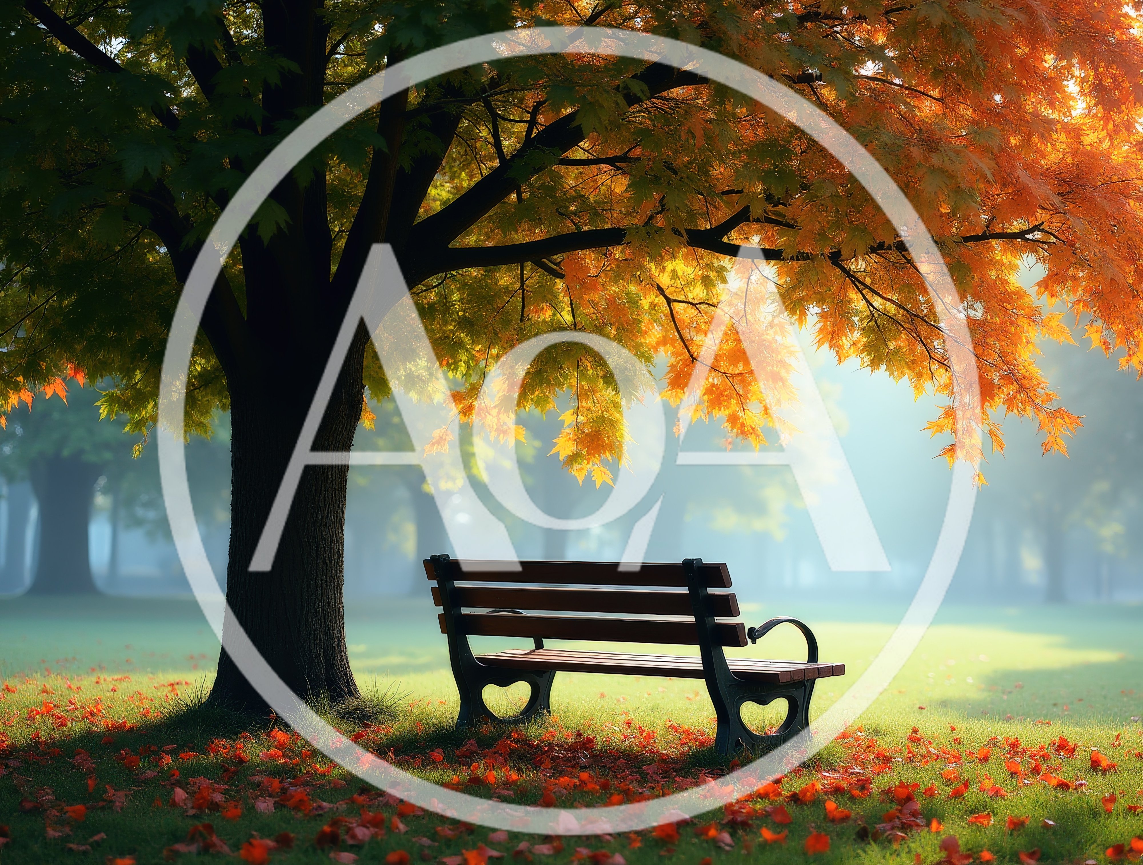 Empty Park Bench Under Autumn Tree
