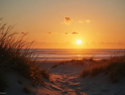 Golden Sunset Over Coastal Sand Dunes