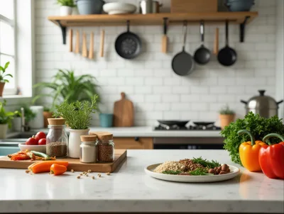 Fresh Ingredients Prepared On A Marble Kitchen Counter