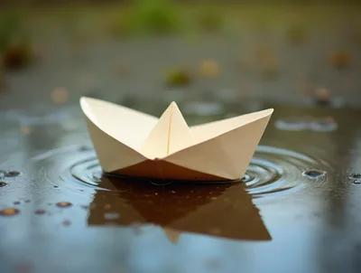 Small Paper Boat Floating In A Rain Puddle