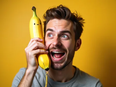 Excited Man Talking On A Banana Telephone