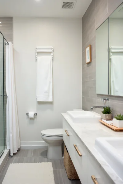 Modern Bathroom Interior With Double Vanity And Shower