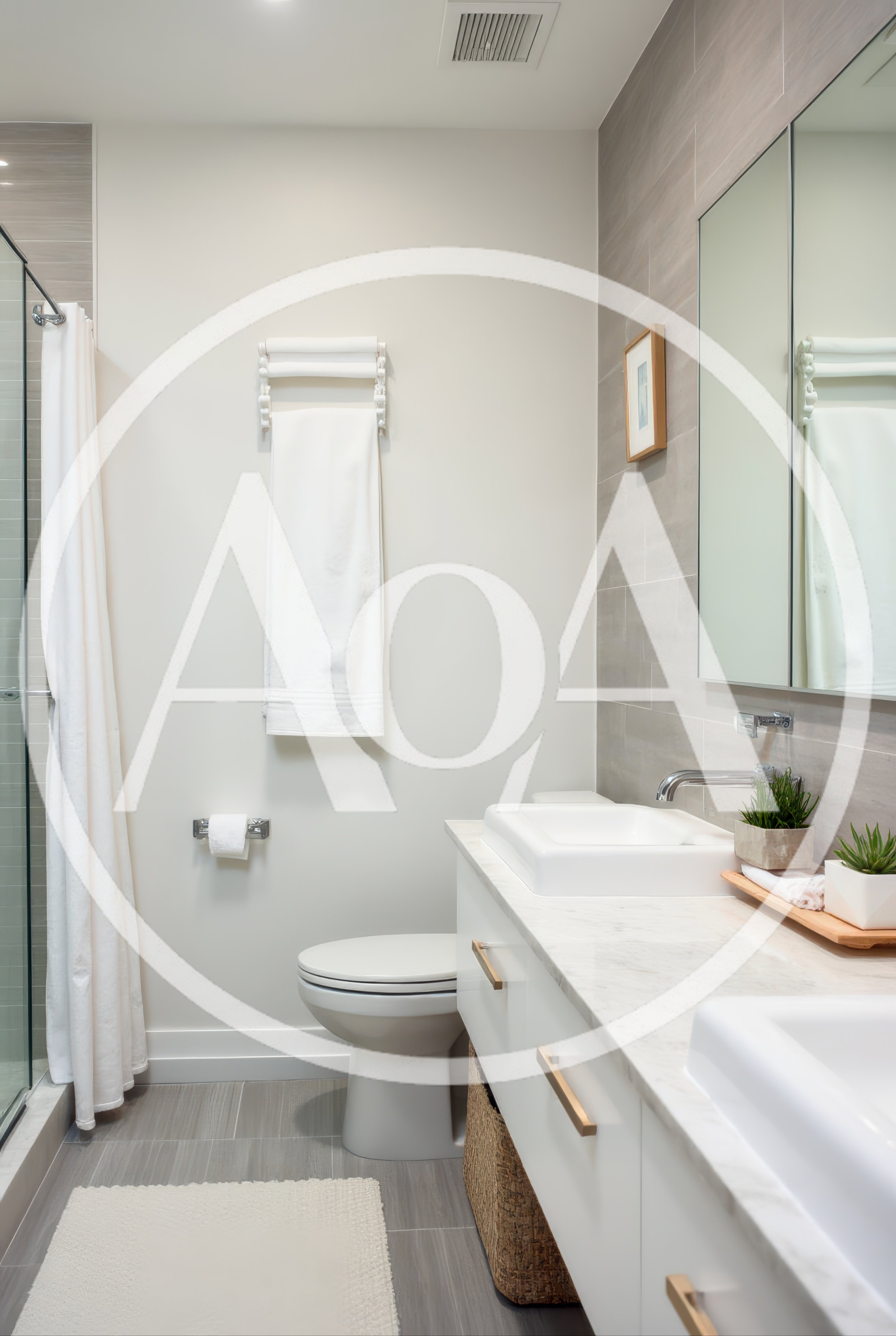 Modern Bathroom Interior With Double Vanity And Shower