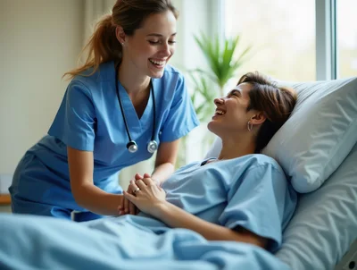 Nurse Comforting A Smiling Patient In Hospital Bed