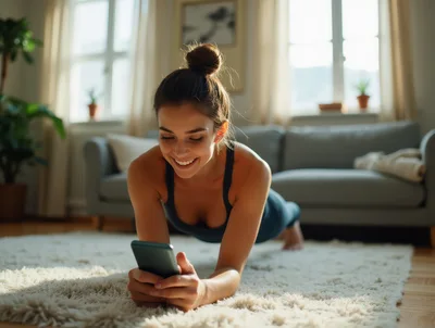 Young Woman Doing Plank Exercise While Using Smartphone