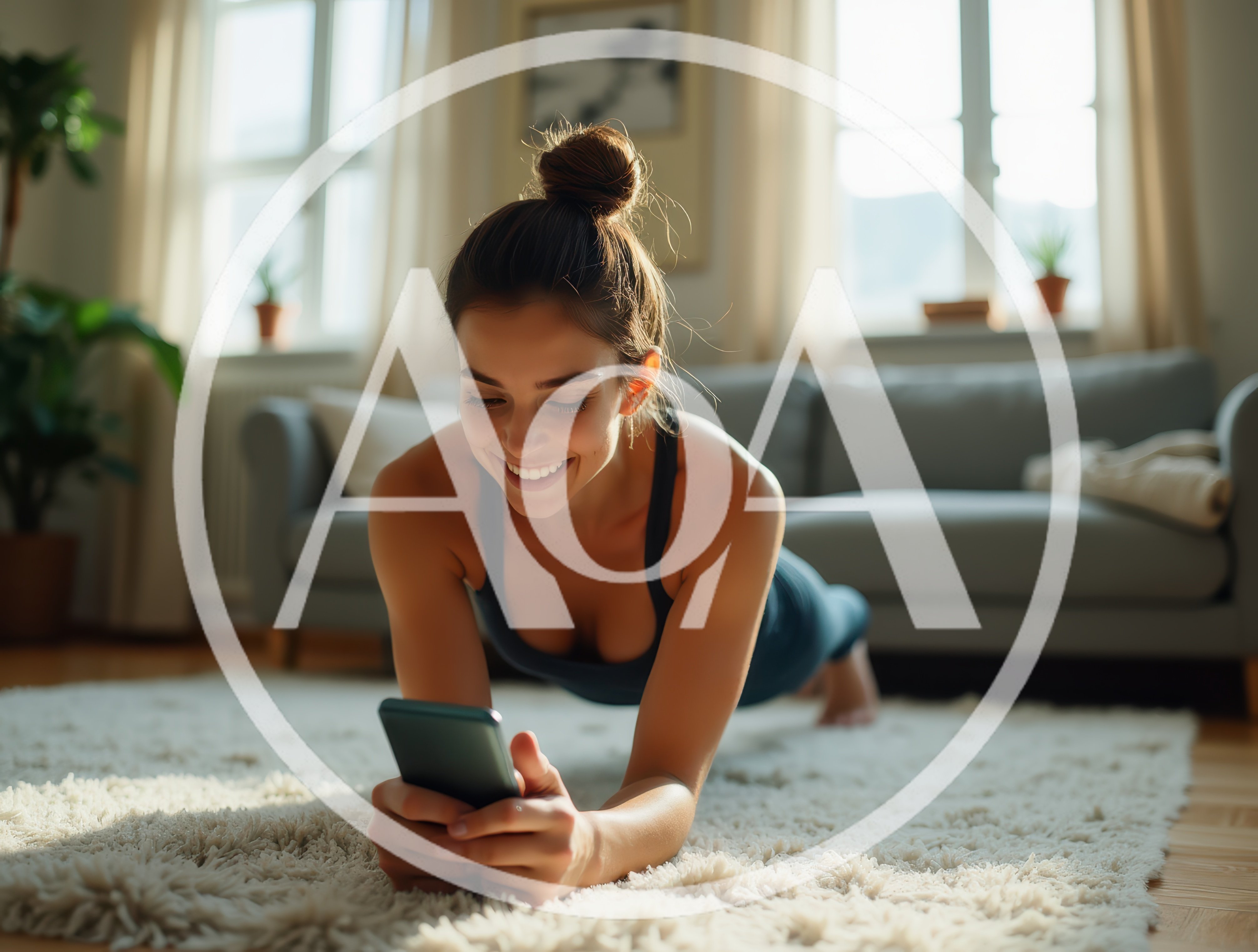 Young Woman Doing Plank Exercise While Using Smartphone