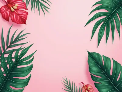 Tropical Monstera and Anthurium Leaves on Pink Background