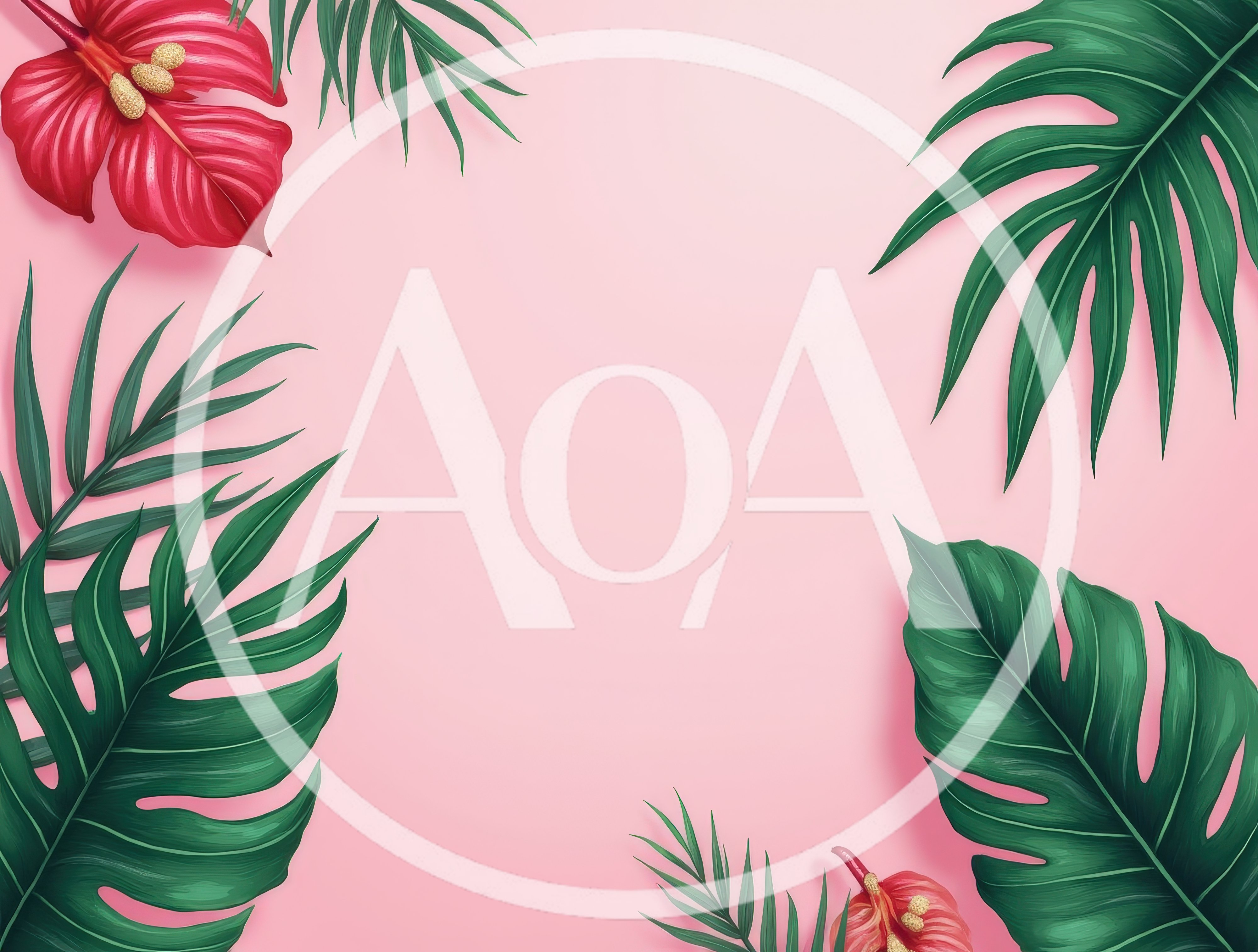 Tropical Monstera and Anthurium Leaves on Pink Background