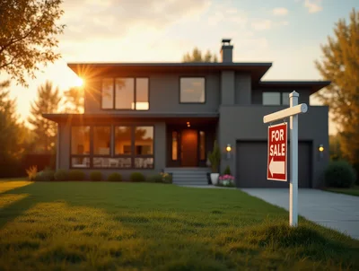 Modern Gray House With For Sale Sign At Sunset