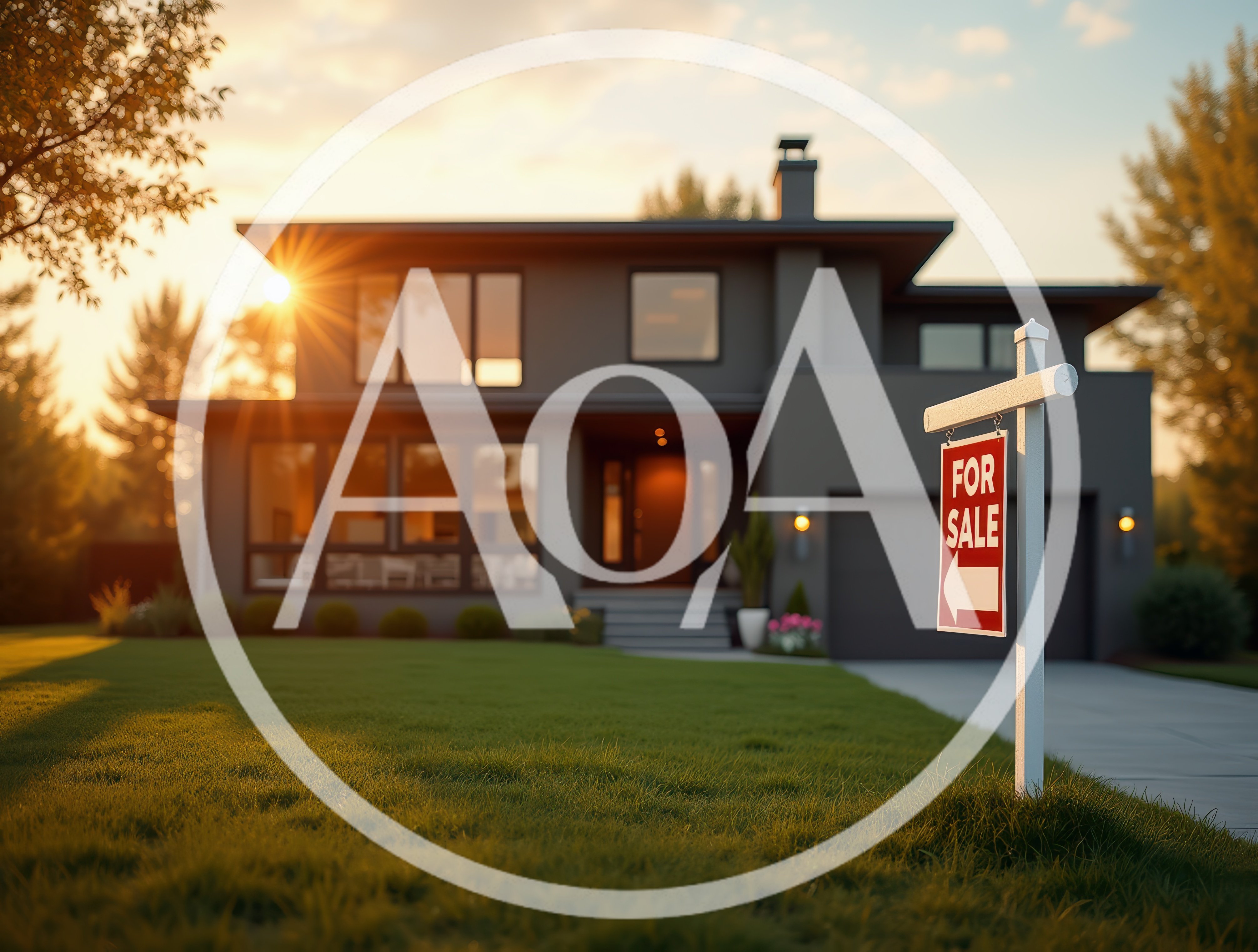 Modern Gray House With For Sale Sign At Sunset