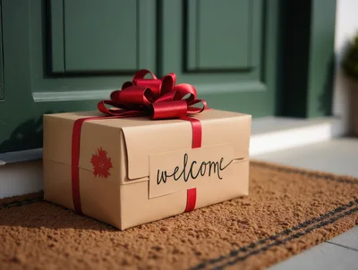 Gift Box With Welcome Sign On Doorstep