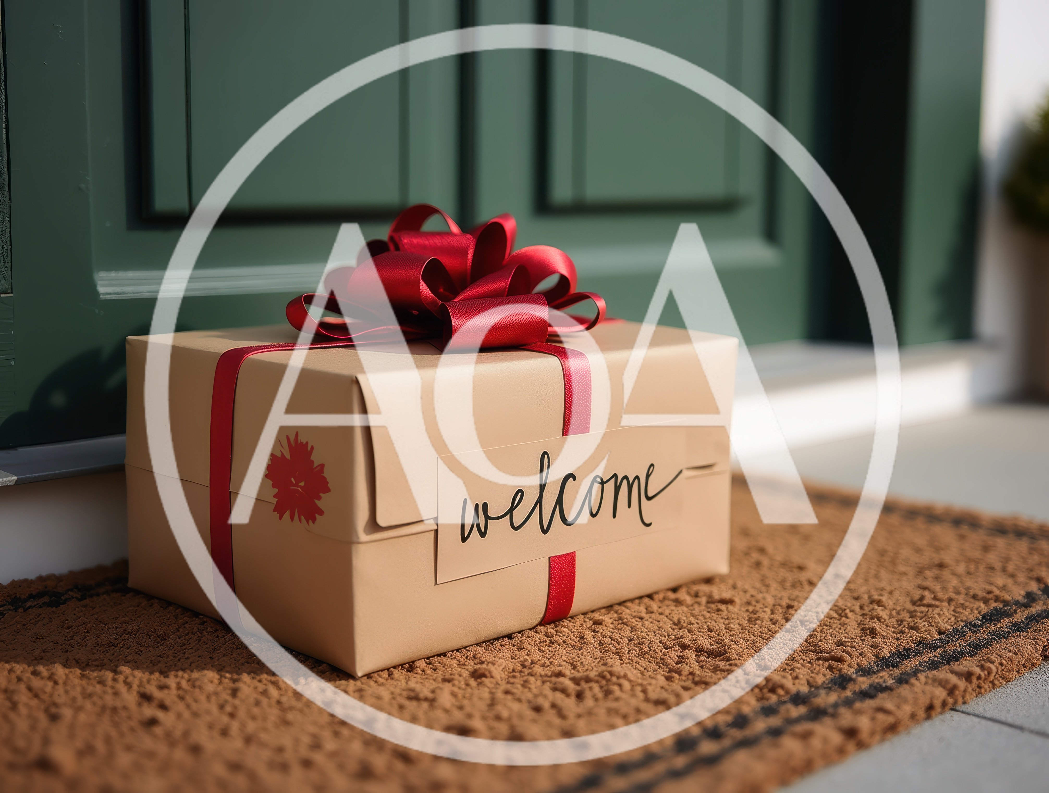 Gift Box With Welcome Sign On Doorstep