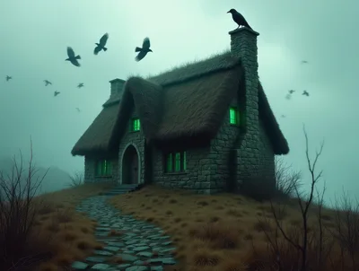 Spooky Stone Cottage With Green Glowing Windows