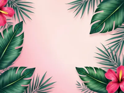Tropical Hibiscus Flowers and Palm Leaves Frame