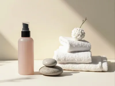 Spa Skincare Product With Towels And Stones