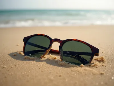 Tortoiseshell Sunglasses Resting On Sandy Beach Shoreline