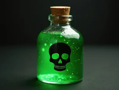 Glass Bottle Filled With Glowing Green Poison Liquid