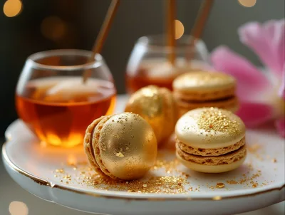 Golden Macarons With Honey On A Serving Plate