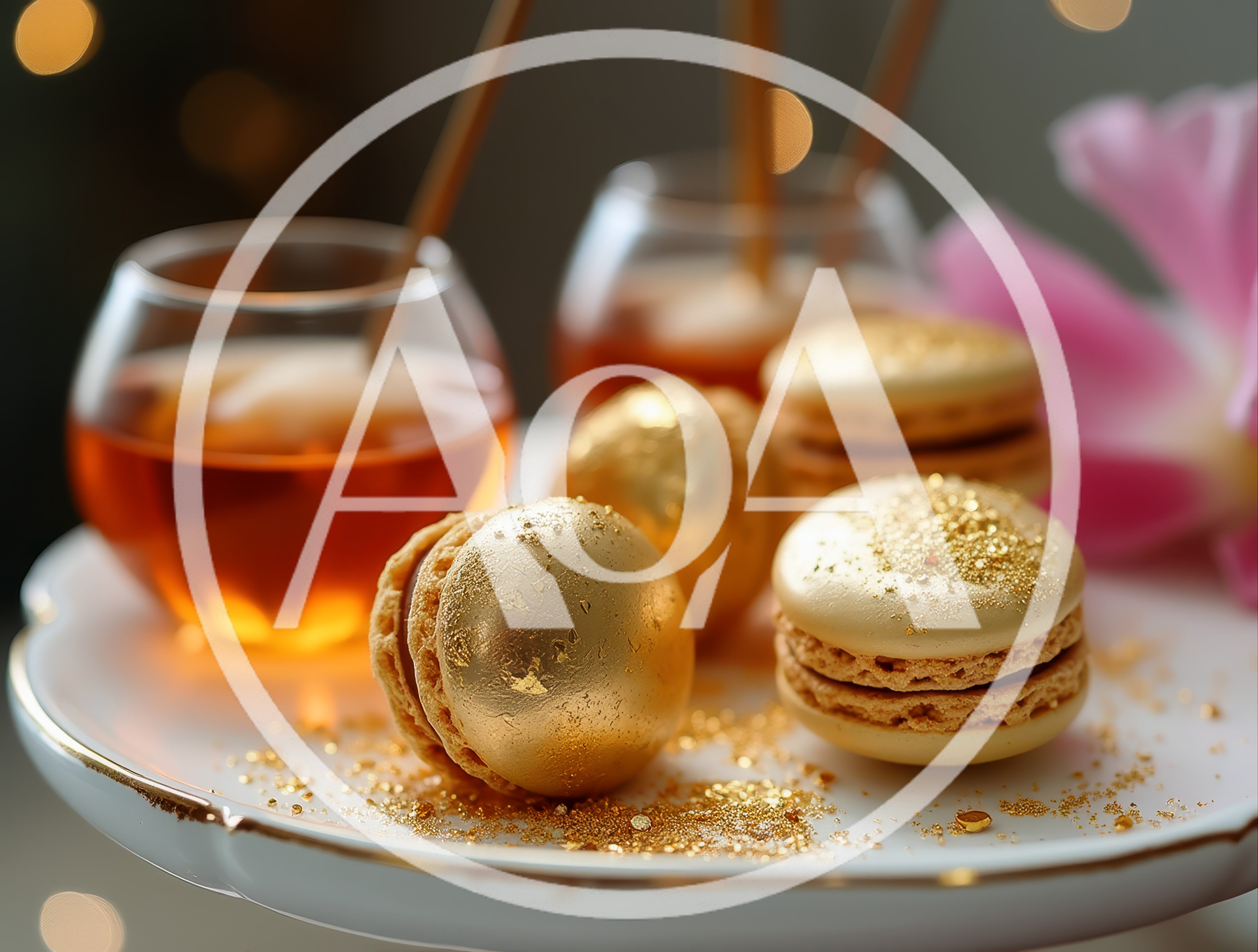 Golden Macarons With Honey On A Serving Plate