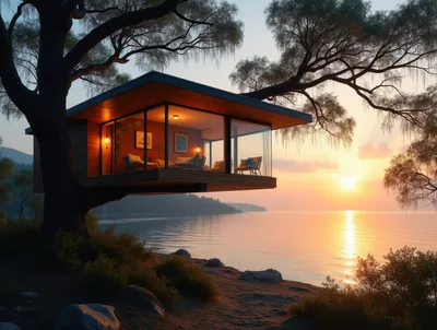 Modern Treehouse Cabin Overlooking A Serene Sunset Lake