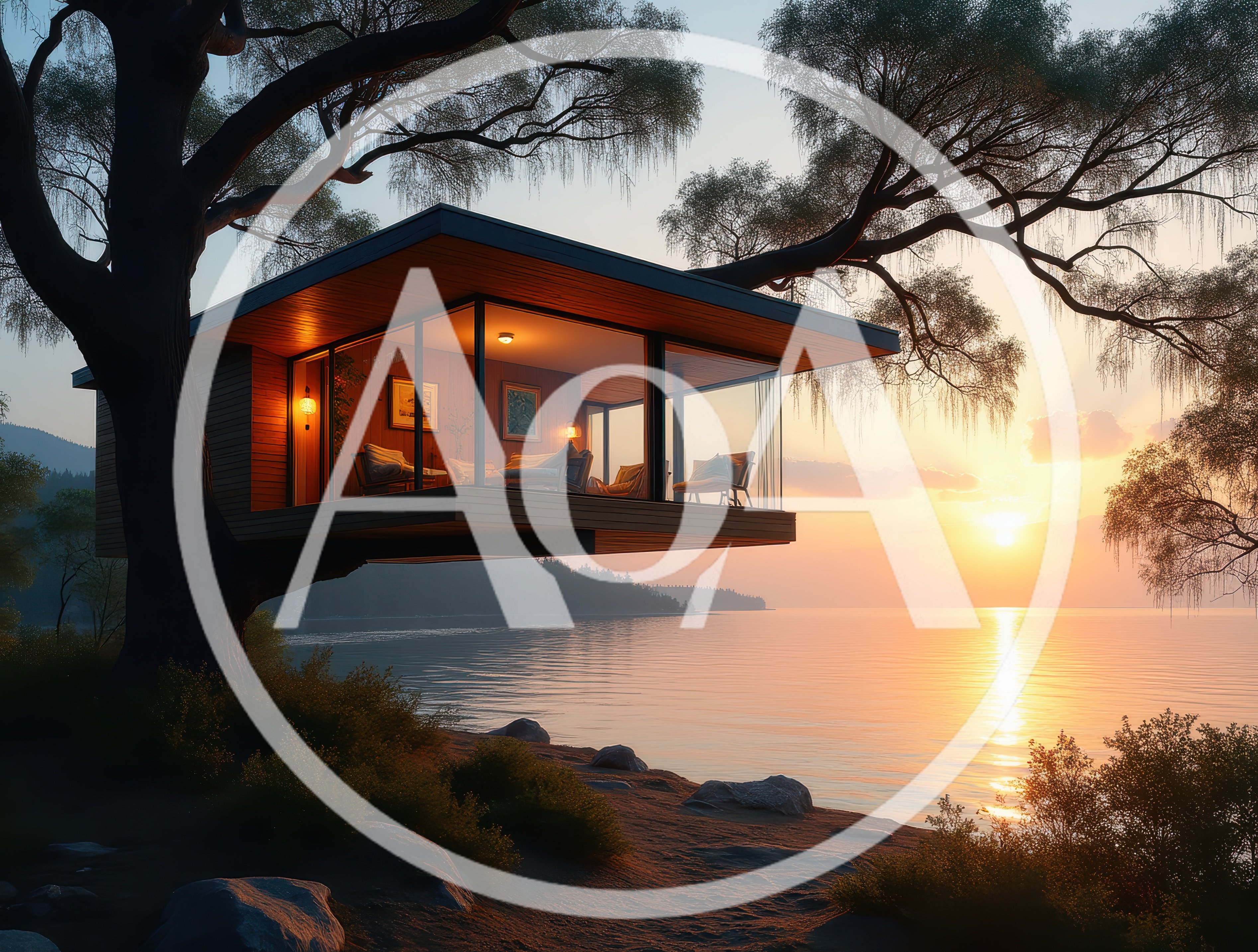 Modern Treehouse Cabin Overlooking A Serene Sunset Lake