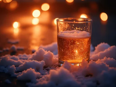 Glass Of Beer In The Snow At Night