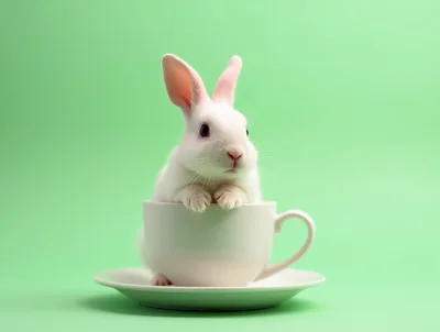 Cute White Rabbit Sitting Inside A Ceramic Teacup