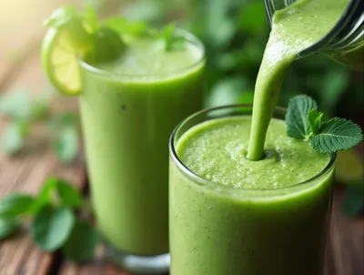 Pouring Fresh Green Smoothie Into A Glass