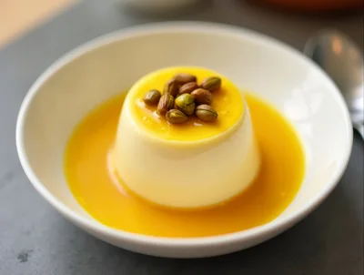 Panna Cotta Dessert Topped With Pistachios And Mango Sauce