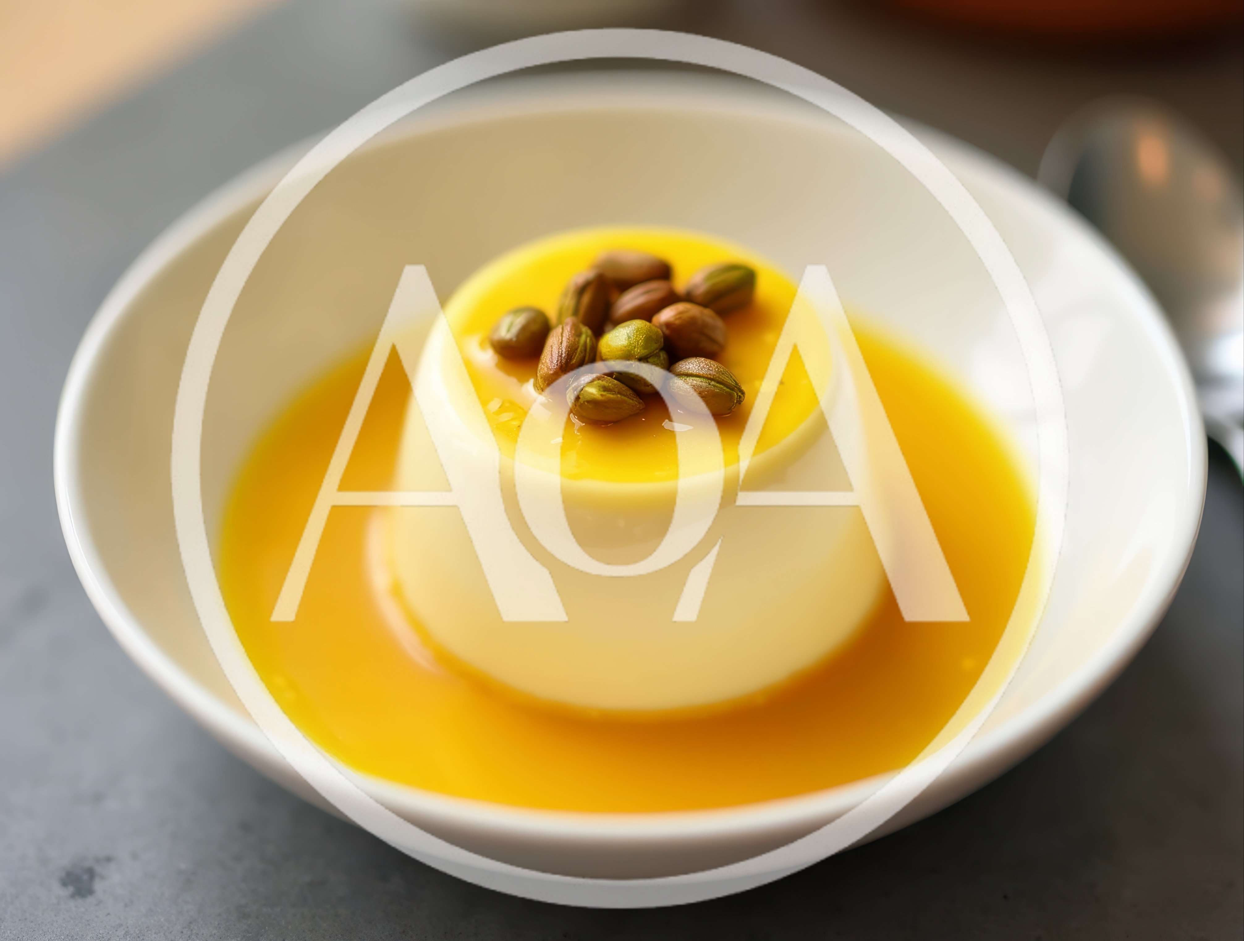 Panna Cotta Dessert Topped With Pistachios And Mango Sauce