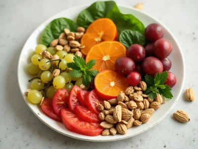 Healthy Fruit and Vegetable Platter on White Plate