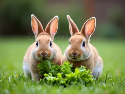 Two Cute Rabbits Eating Fresh Lettuce In A Garden