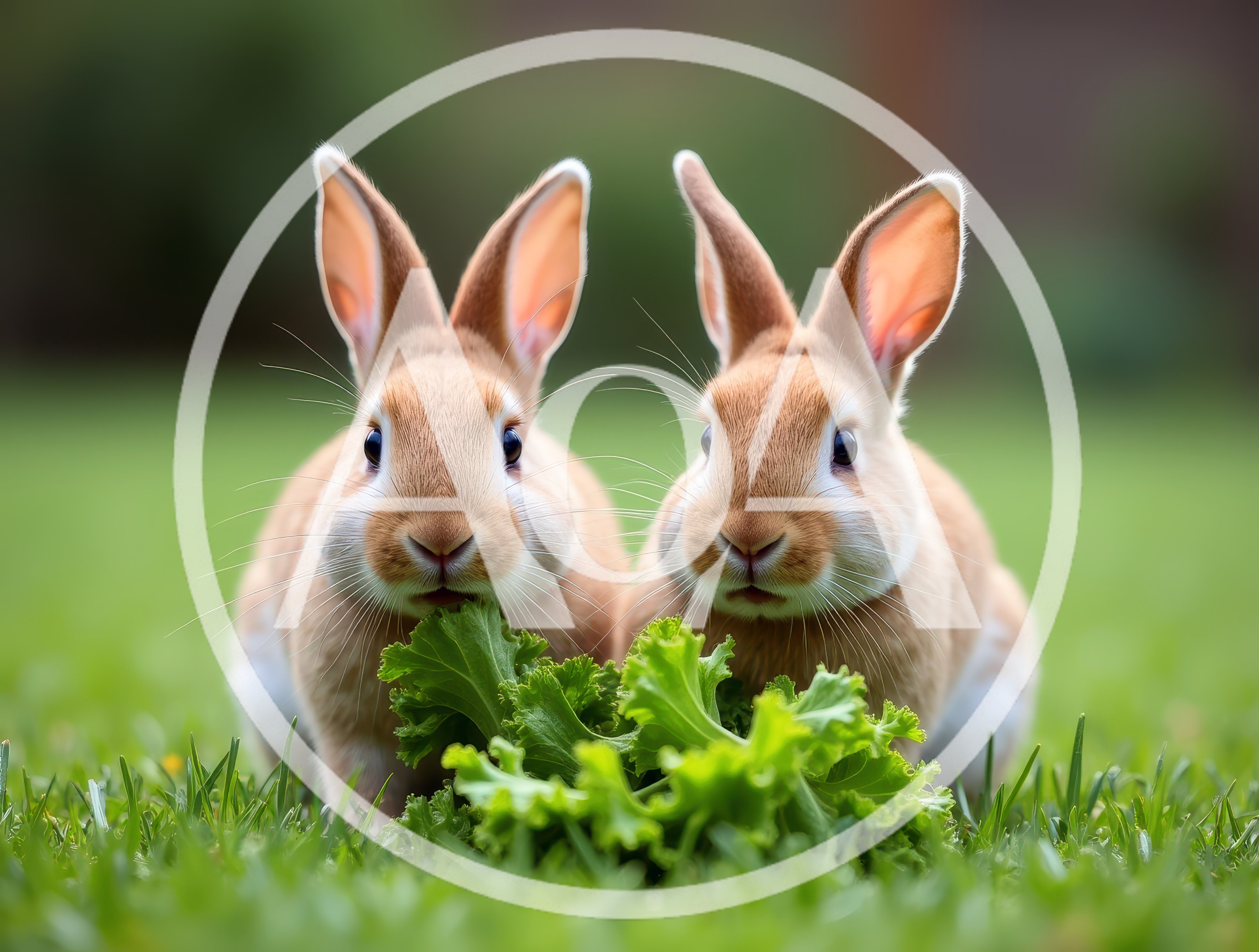 Two Cute Rabbits Eating Fresh Lettuce In A Garden