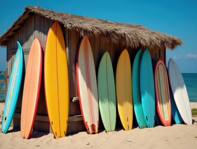 Colorful Surfboards Leaning Against A Beach Hut